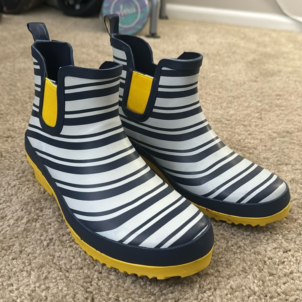 Navy and Yellow Striped Rain Boots